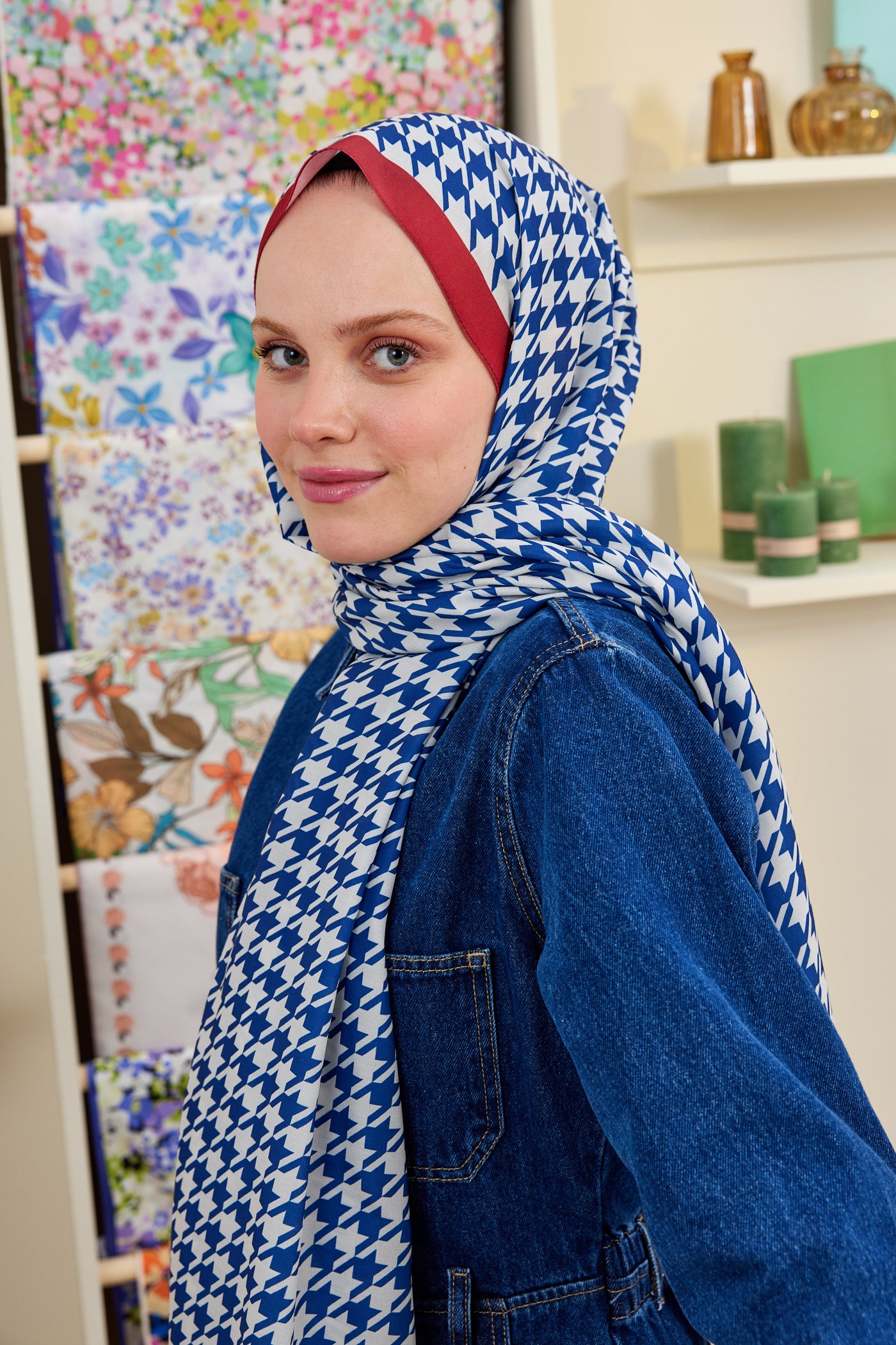 Tesettür Giyim - Pro Line Kazayağı Desen Şal - Kırmızı - İndigo - Emproyal