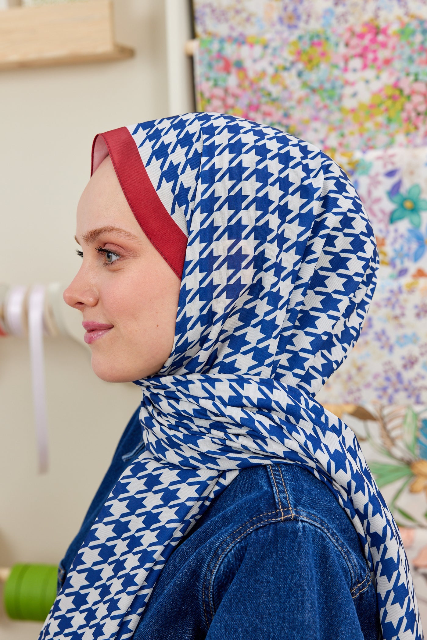 Tesettür Giyim - Pro Line Kazayağı Desen Şal - Kırmızı - İndigo - Emproyal