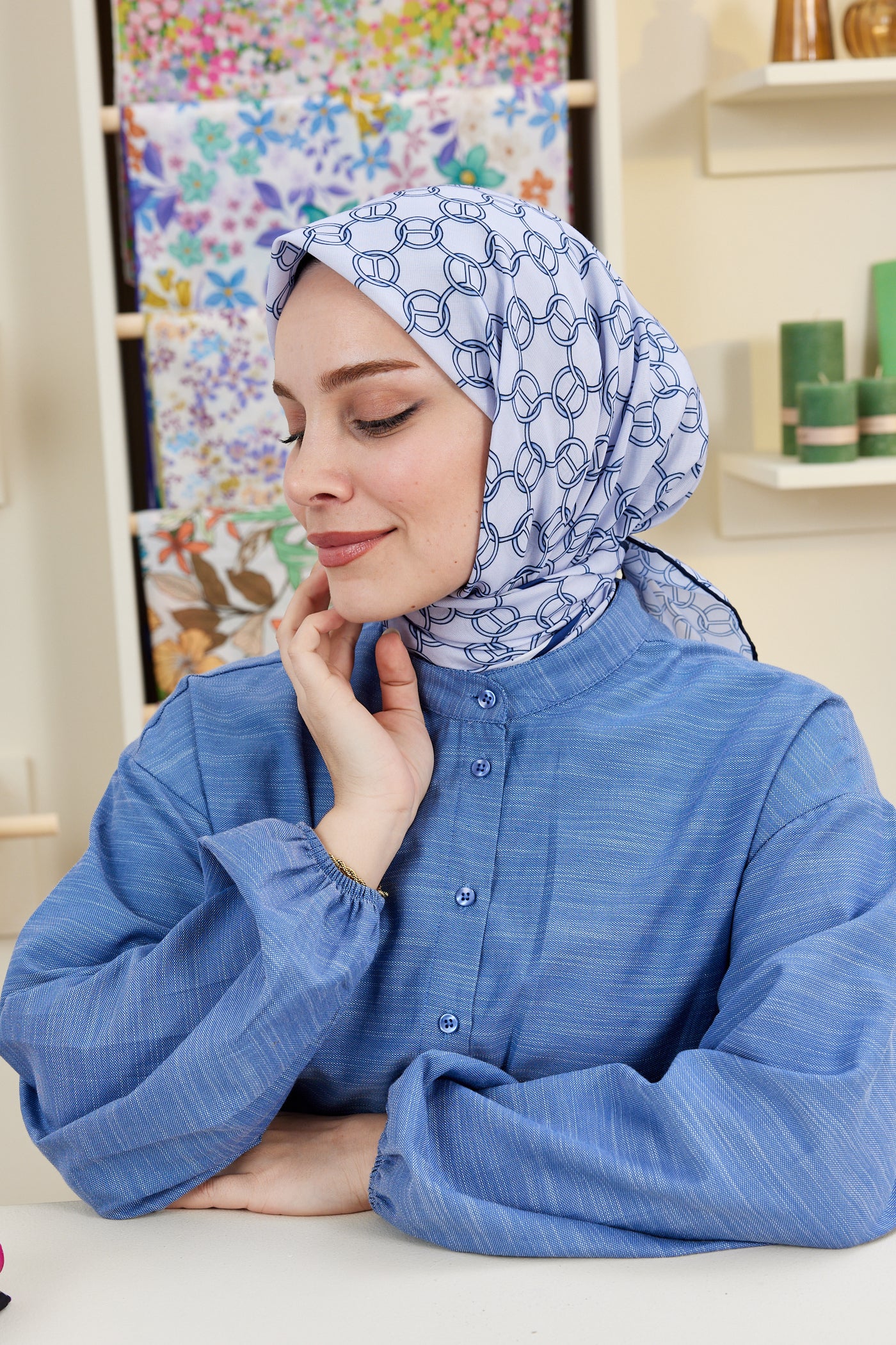 Tesettür Giyim - Pro Line Hera Desen Eşarp - Lacivert - Lila - Emproyal