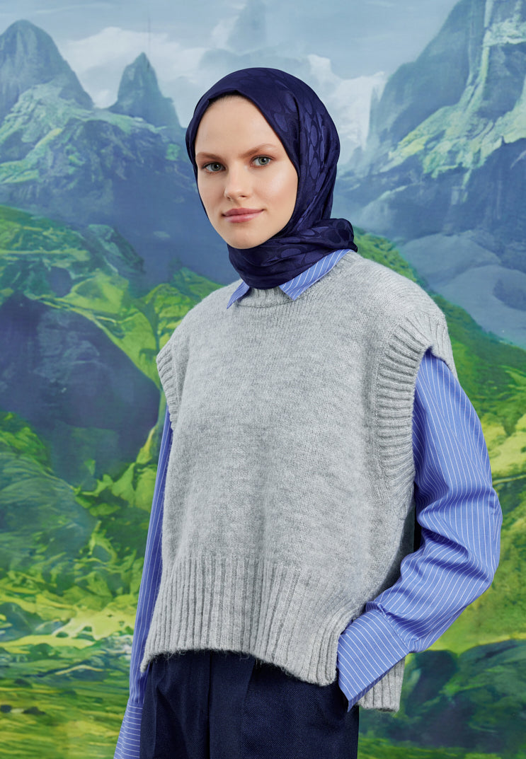 Tesettür Giyim - Jakar Janjan Bloom Desen Şal - Gece Mavisi - Emproyal