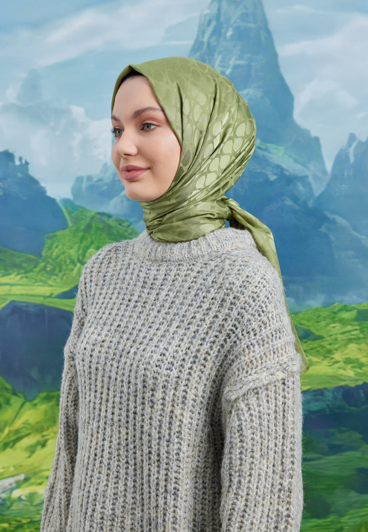 Tesettür Giyim - Jakar Janjan Bloom Desen Şal - Haki - Emproyal