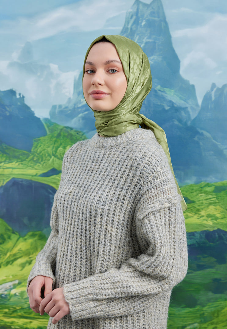 Tesettür Giyim - Jakar Janjan Bloom Desen Şal - Haki - Emproyal