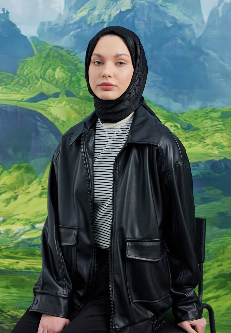 Tesettür Giyim - Jakar Janjan Taş Desen Şal - Siyah - Emproyal