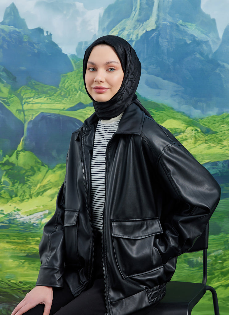 Tesettür Giyim - Jakar Janjan Taş Desen Şal - Siyah - Emproyal