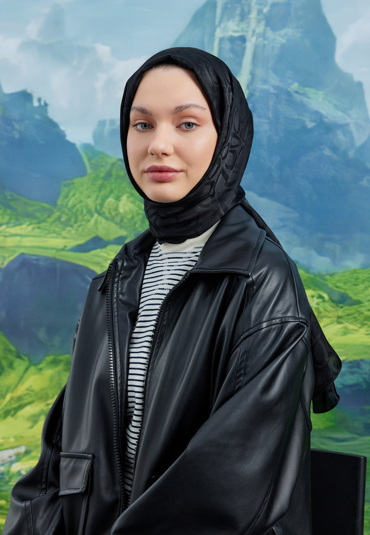 Tesettür Giyim - Jakar Janjan Taş Desen Şal - Siyah - Emproyal