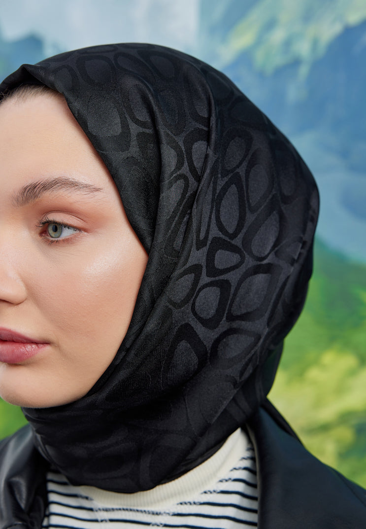 Tesettür Giyim - Jakar Janjan Taş Desen Şal - Siyah - Emproyal