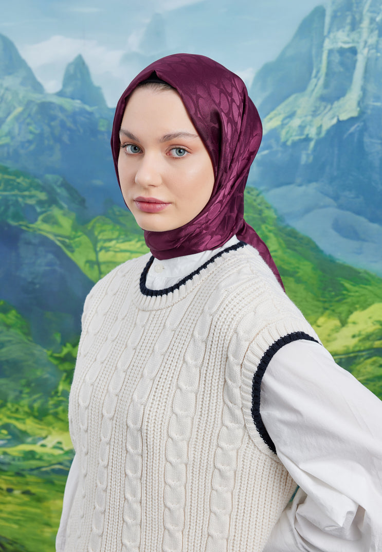 Tesettür Giyim - Jakar Janjan Bloom Desen Şal - Bordo - Emproyal