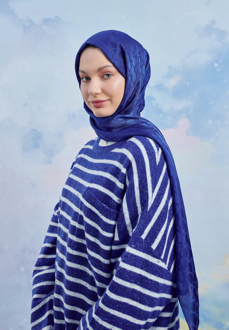 Tesettür Giyim - Jakar Janjan Bloom Desen Şal - Saks Mavisi - Emproyal
