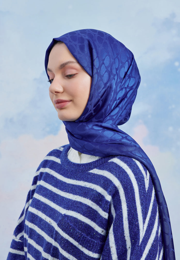 Tesettür Giyim - Jakar Janjan Bloom Desen Şal - Saks Mavisi - Emproyal