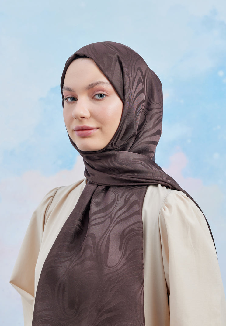 Tesettür Giyim - Jakar Janjan Dalga Desen Şal - Acı Kahve - Emproyal