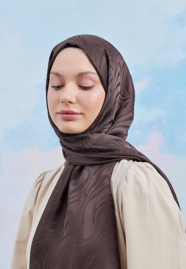 Tesettür Giyim - Jakar Janjan Dalga Desen Şal - Acı Kahve - Emproyal