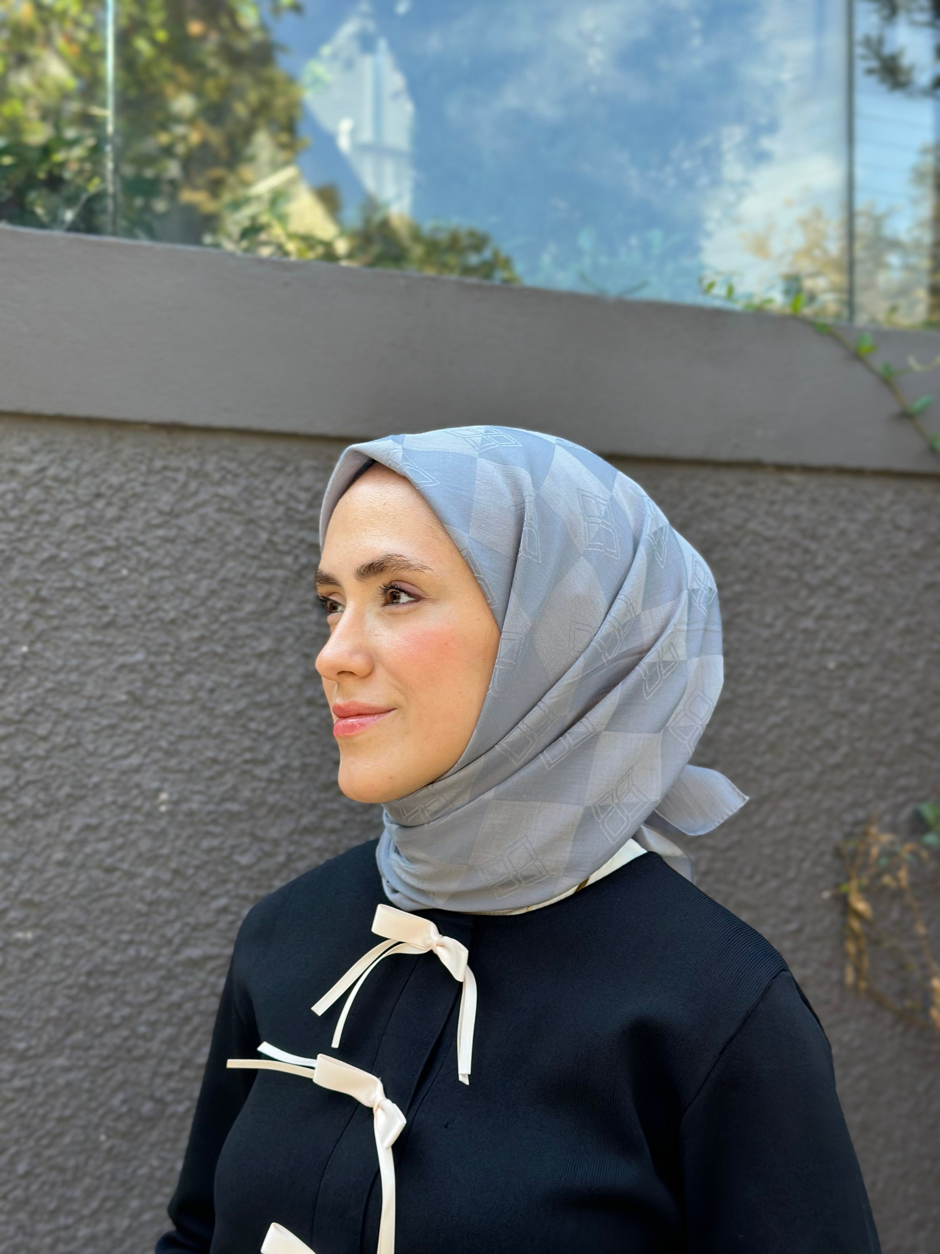 Pamuk Viskon Dama Desen Eşarp - Gri - Emproyal