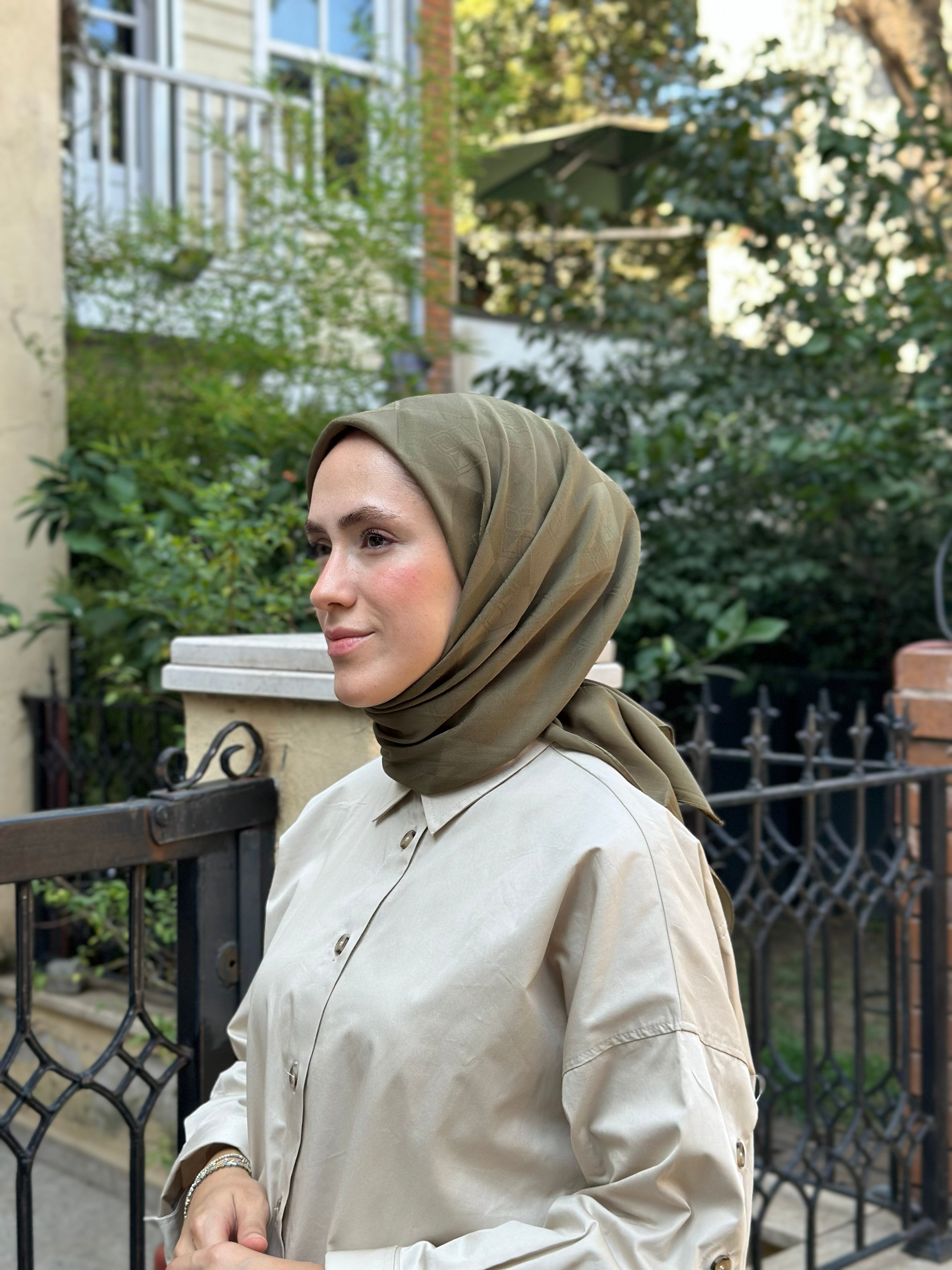 Pamuk Viskon Dama Desen Eşarp - Kına Yeşili - Emproyal