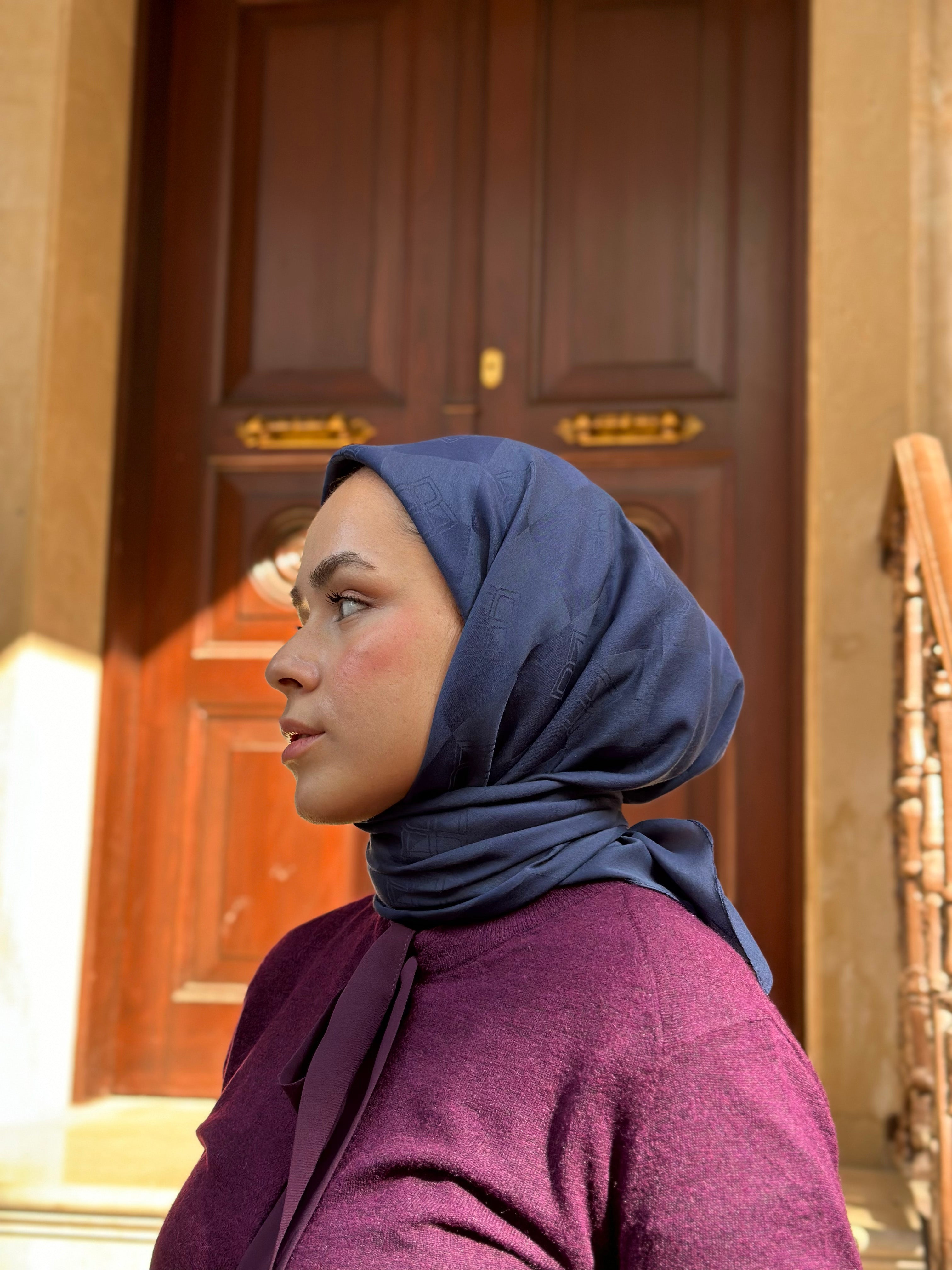 Pamuk Viskon Dama Desen Eşarp - Lacivert - Emproyal