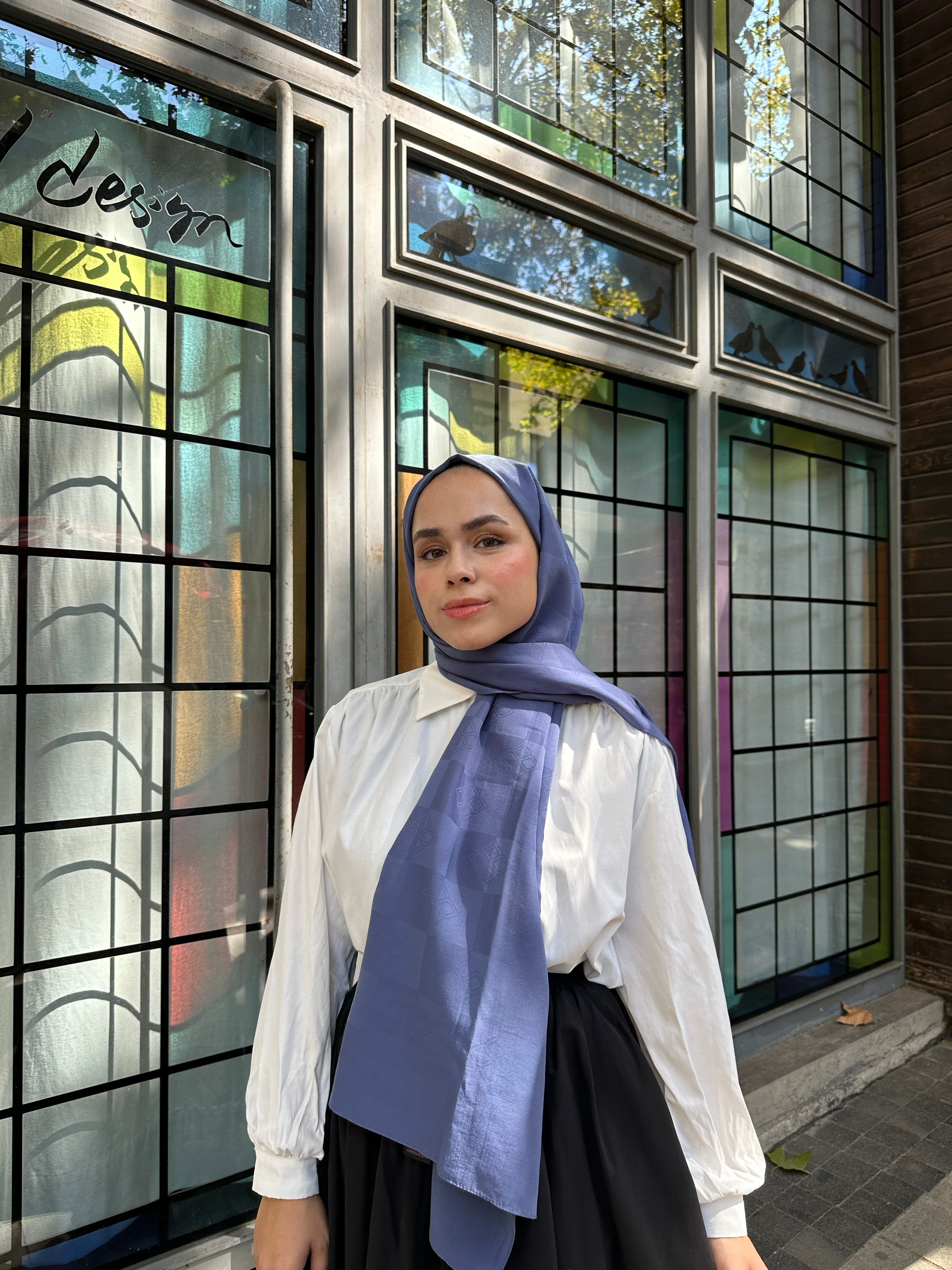 Pamuk Viskon Dama Desen Şal - İndigo - Emproyal