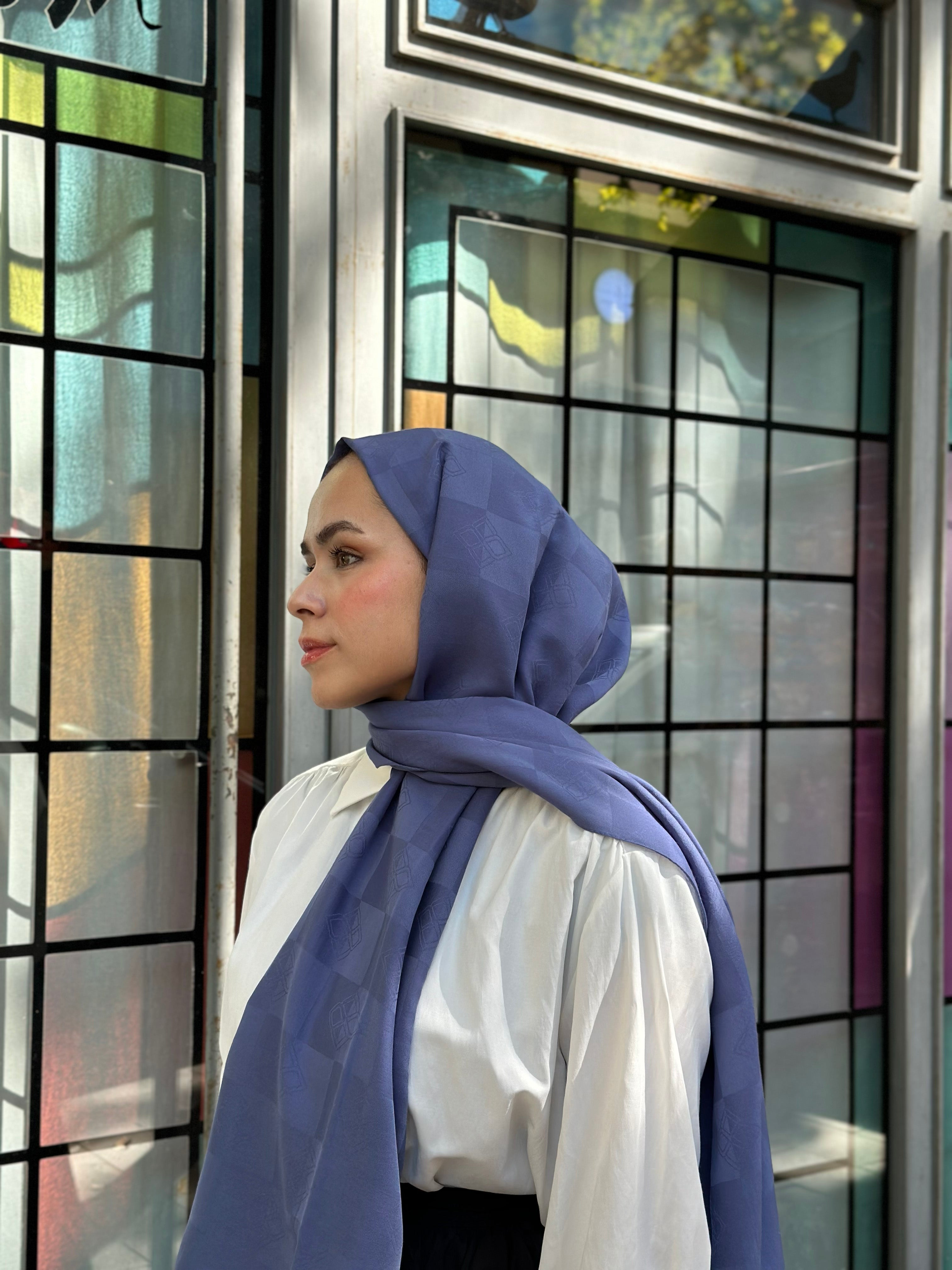 Pamuk Viskon Dama Desen Şal - İndigo - Emproyal