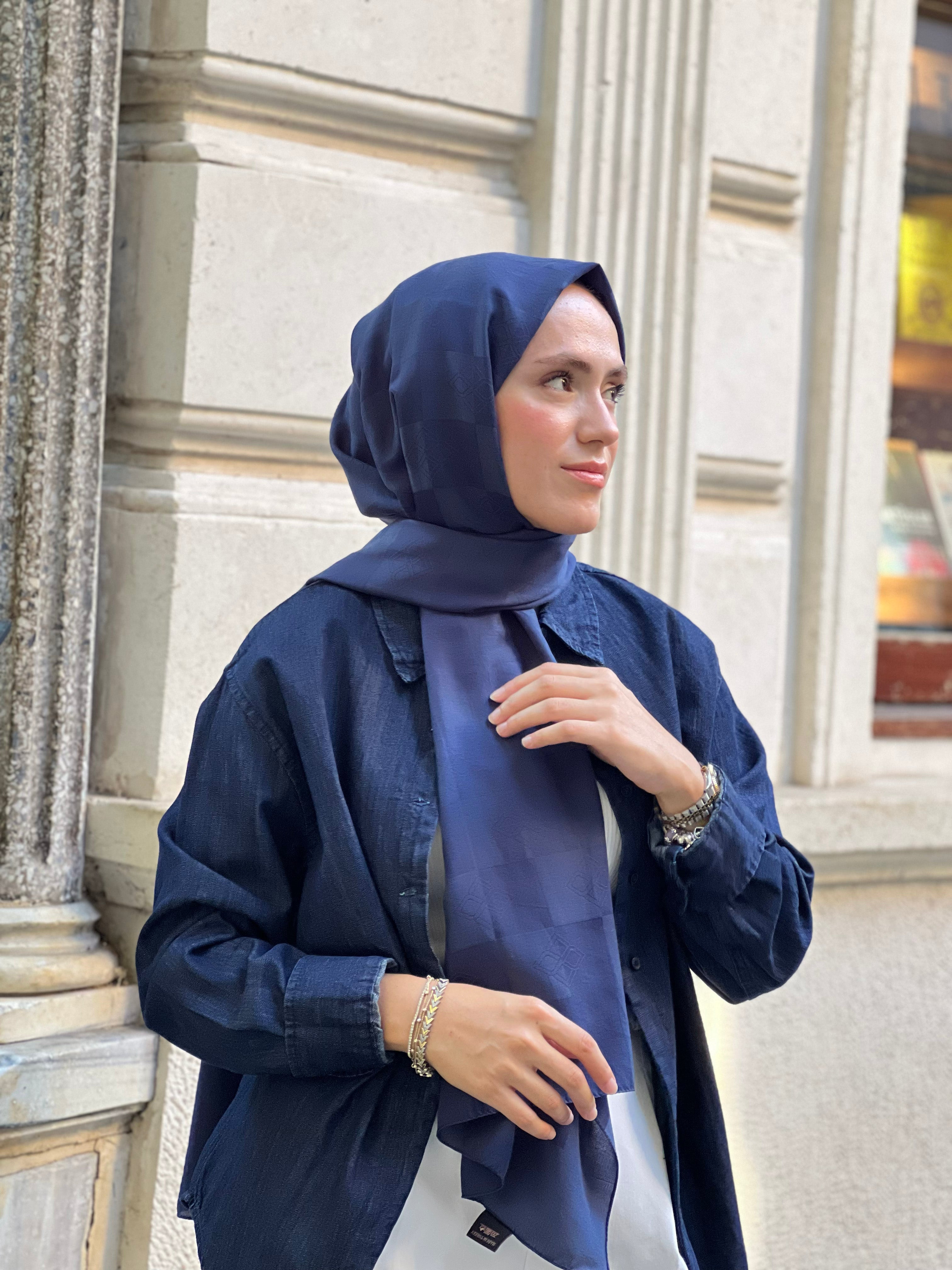 Pamuk Viskon Dama Desen Şal - Kobalt Mavi - Emproyal